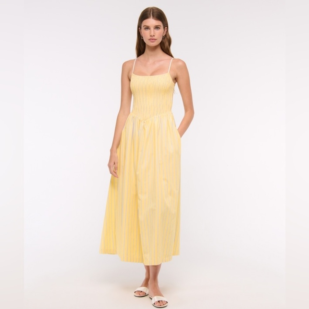 Abercrombie & Fitch Smocked Dipped Waist Yellow Striped Midi Dress